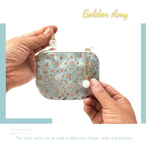 Handmade Women Coin Purse Rosary Pouch Silk Jewelry Bag Brocade Zipper Wallet - Turquoise - color: Turquoise