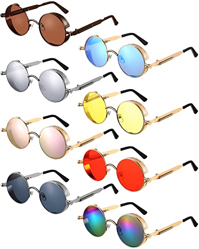 Coume 8 Pcs Retro Round Steampunk Sunglasses Gothic Sunglasses Hippy Glasses Circle Metal Frame Glasses for Men Women - color: Vibrant Colors