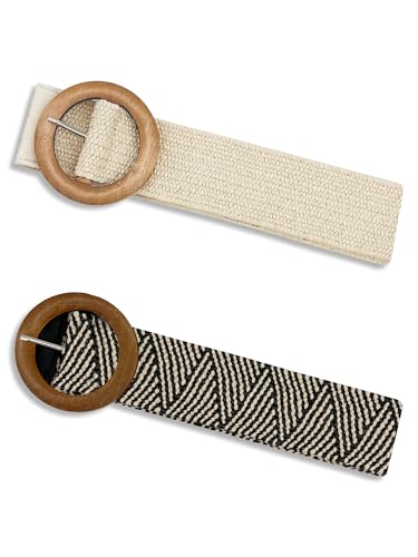 2/4 Pack Straw Woven Elastic Stretchy Waist Belts for Women, Fashion Boho Waist Belt Rattan Raffia Ladies Belts - color: Pattern2, size: X-Large