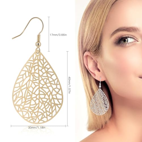 Teardrop Earrings for Women, 14K Plated Dangle Earrings Handmade Filigree Teardrop Dangling Earrings Ginkgo Hypoallergenic 925 Sterling Leaf Earrings for women - color: Gold