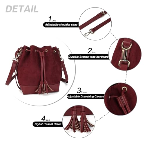 AFKOMST Faux Suede Bucket Bags and Drawstring Crossbody Purse for Women Medium Tote Handbags with 2 Shouder Straps | Fit Pad mini, Long Wallet, Removable Long Strap - color: Burgundy