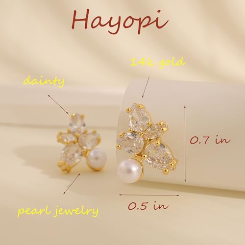 Hayopi Pearl Earrings for Women - Dainty Gold Dangle Drop Earrings, 14k Gold Plated Cute Bow Design, Hypoallergenic Pearl Studs, Wedding Jewelry Gifts - color: GOLD-flower pearl
