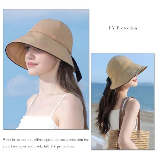 Wide Brim Hats for Woman Foldable Hats Sun Hats for Women uv Protection Bowknot Bucket hat Adjustable hat with Ponytail Hole - color: Khaki