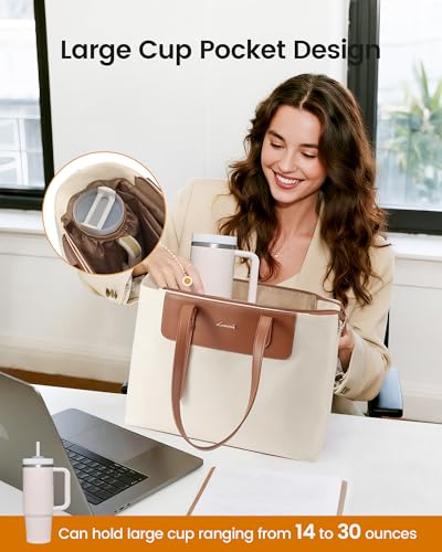 LOVEVOOK Laptop Tote Bag for Women, Water-Resistant Work Tote Bag Large Capacity Computer Bag for Travel, Nylon & PU - color: Brown, size: 17.3Inch