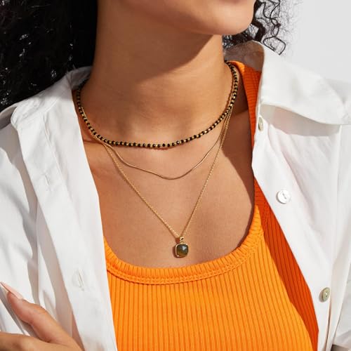 KissYan Beaded Choker Necklace for Women, Colorful Natural Gemstones Pearl Choker 14K Gold Plated Pendant Healing Crystal Necklace Handmade Stone Jewelry Gift - color: O-Black Agate