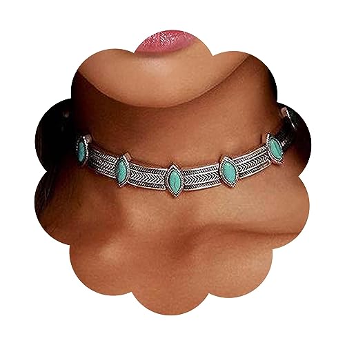 Vintage Turquoise Choker Necklace Silver Oval Turquoise Necklace Station Turquoise Bead Necklace Metal Chain Collar Necklace Jewelry for Women