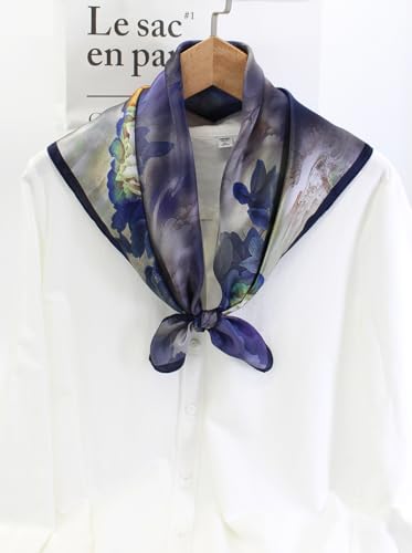 ANDANTINO 100% Mulberry Silk Square Scarf for Hair-25.6" X25.6'' Women Men Natural Silk Neckerchief Digital Printed Headscarf - color: Flowers-purple