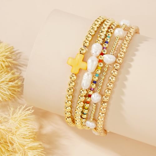 14K Gold Plated Pearl Beaded Cross Bracelets Stack Set for Women,Stretch Boho Colorful Christian Beads Ball Jewelry Friendship Summer Trendy Gift - color: yellow
