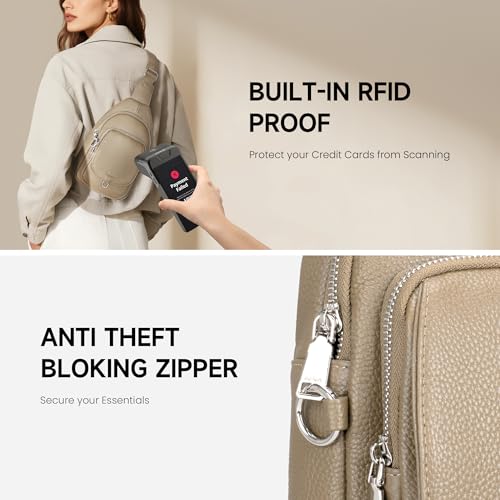 befen Anti Theft Genuine Leather Sling Bag for Women RFID Small Crossbody Bag Chest Bag Leather Fanny Packs for Travel - color: Taupe
