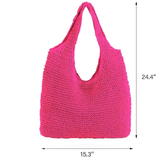Hand-woven Soft Large Straw Shoulder Bag Boho Straw Handle Tote Retro Summer Beach Bag Rattan Handbag - color: Pink