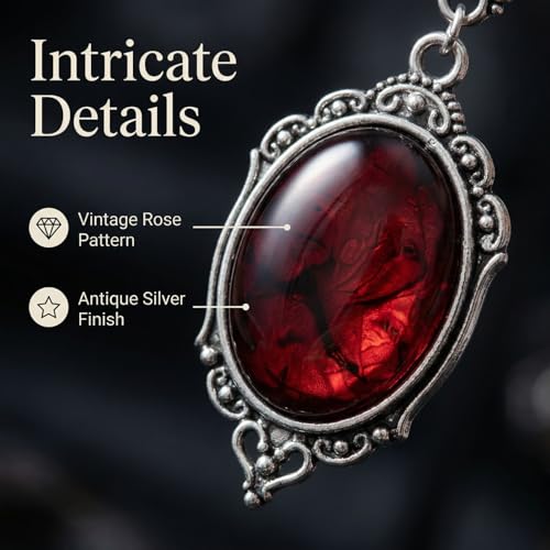 Gothic Vintage Gem Pendant Necklace | Victorian Style Filigree Silver-Tone Jewelry | Ideal Gift for Party Cosplay & Daily Wear - color: Red with Rose