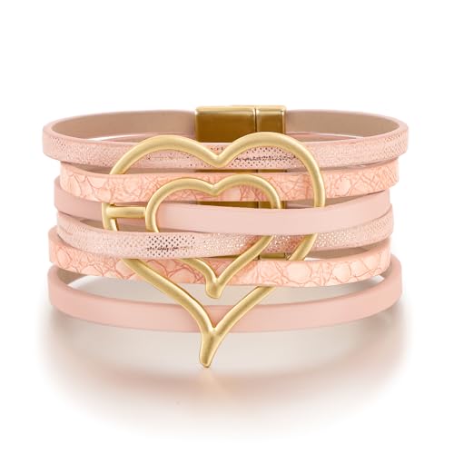 Edoneery Leather Wrap Bracelet for Women, Boho Handmade Multi-Layer Cuff with Crystal Beads Heart, Stackable Bangle Western Jewelry Gift - style: Heart(Pink)