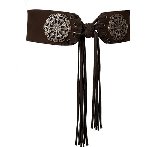 Women's Vintage Disc Renaissance-Corset-Belt 3.15" W Western Suede-Cinch-Belts w/Tassel-Closed for 25-40in Waist - color: Coffee
