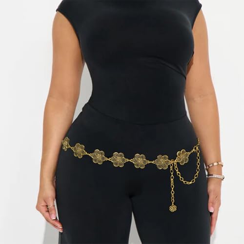 Women's Western Chain Belt Boho Waist Chain Chunky Metal Belts for Dresses - color: Flower Gold, size: Fits Waist 47"-53"