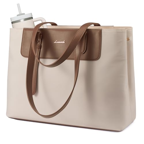 LOVEVOOK Laptop Tote Bag for Women, Water-Resistant Work Tote Bag Large Capacity Computer Bag for Travel, Nylon & PU - color: Off-white, size: 15.6Inch