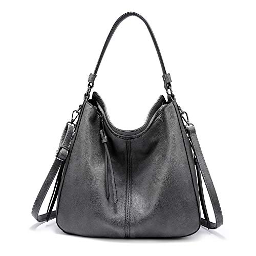 Realer Hobo Crossbody Bags for Women Designer Faux Leather Hobo Handbags Retro Large Size Shoulder Bag Bucket Purse - color: Heavy Gray-gun Black Hardware（15.2"）, size: Large-15.2 inch