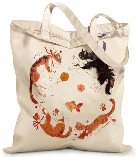 Miss Adola Canvas Tote Bag with Zipper – Cute Canvas Bags for Women Aesthetic Design Reusable Totes for Shopping Work Travel - style: Four Cats