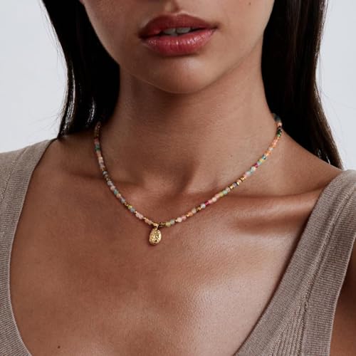 KissYan Beaded Choker Necklace for Women, Colorful Natural Gemstones Pearl Choker 14K Gold Plated Pendant Healing Crystal Necklace Handmade Stone Jewelry Gift - color: W-Rainbow