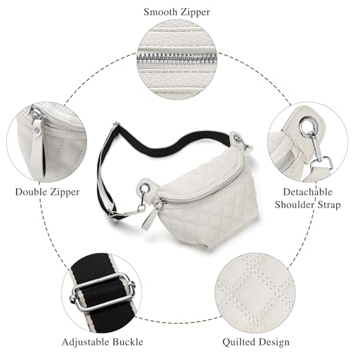Women's Quilted Crossbody Waist Pack, PU Leather Fanny Pack Sling Bag with Adjustable Belt, Small Shoulder Purse for Travel, Daily Use (Off-white) - color: D-off White