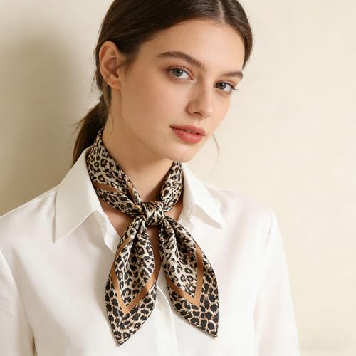 IZUS Women Fashion Leopard-Head-Scarf 35 inch-Large-Square Hair-Scarves Silk-Satin-Like Neck-Bandana Sleeping-Head-Wraps - color: Leopard-light Khaki