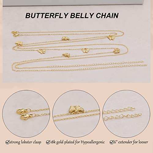 Honsny 2PCS 25-43Inch 18K Gold Plated Waist Chain Minimalist Pearl Belly Body Chain Gold Layered Sexy Bikini Body Chains Waist Jewelry for Women - color: A:Butterfly, size: L(37-43INCH)