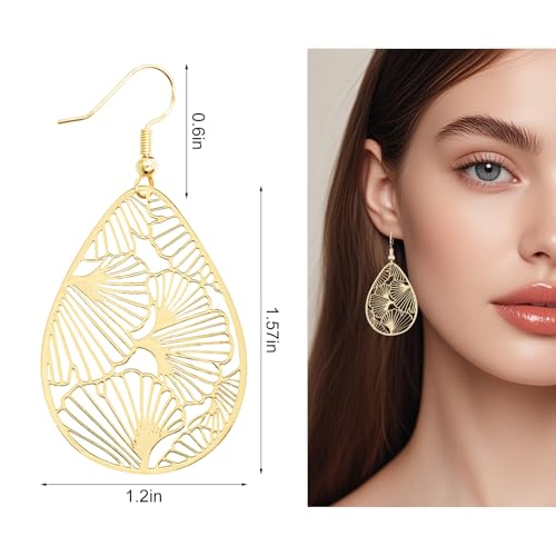 Teardrop Earrings for Women, 14K Plated Dangle Earrings Handmade Filigree Teardrop Dangling Earrings Ginkgo Hypoallergenic 925 Sterling Leaf Earrings for women - color: Maple Leaf Gold
