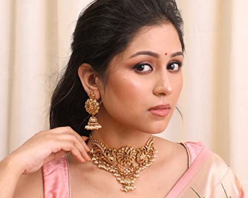 TARINIKA Brass Indian Choker Necklace Set - Gold Plated Cubic Zirconia Indian Jewelry Sets for Women Dangle, Drop, Jhumka Earrings Traditional Desi Necklace Pearls Gift for her - style: Anusri Antique(White Red)