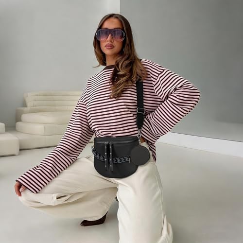 Crossbody Bags for Women, Large Vegan Leather Trendy Bum Bag - color: Black+glossy Black Chain