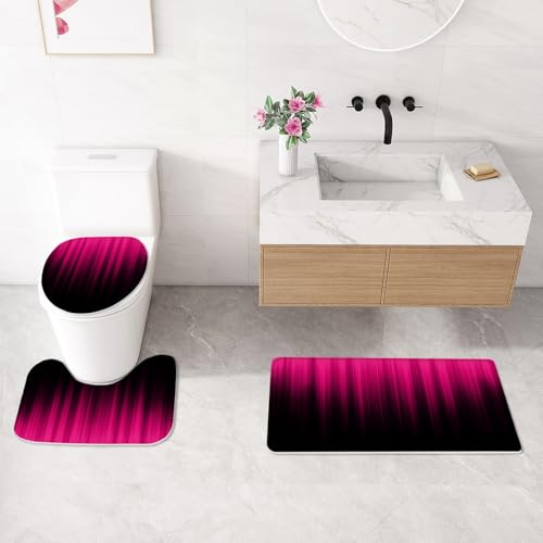 Litabel 4 Pcs Hot Pink and Black Gradient Shower Curtain Set with Rugs and Toilet Lid Cover, Modern Simple Waterproof Fabric Bathroom Set, Ombre Stripe Gothic Abstract Bathroom Decor Set Accessories - color: Hotpink
