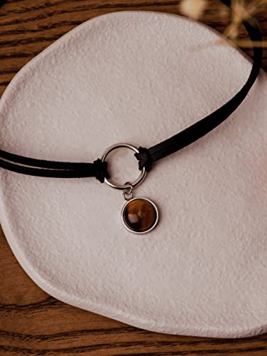 Sacina O Ring Crystal Choker, Black Choker, Boho Hippie Necklace, Gothic Necklace, Christmas Jewelry Gift for Women - color: tiger eye