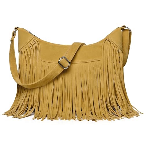 Fringe Hobo Bags for Women Vintage Suede Crossbody Bag Hippie Western Cowgirl Purses Tassel Shoulder Bag - color: Yellow