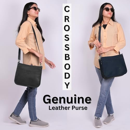 Genuine Leather Crossbody Purse for Women – Medium Satchel Bag with Zipper Pocket – Soft Vintage Boho Handbag - color: Black