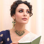 TARINIKA Brass Indian Choker Necklace Set - Gold Plated Cubic Zirconia Indian Jewelry Sets for Women Dangle, Drop, Jhumka Earrings Traditional Desi Necklace Pearls Gift for her - style: Sreeja Antique