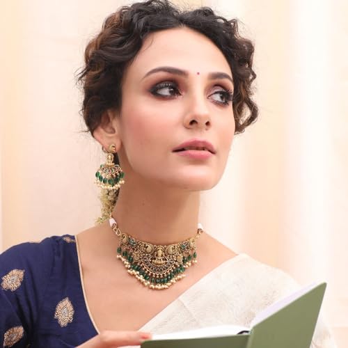TARINIKA Brass Indian Choker Necklace Set - Gold Plated Cubic Zirconia Indian Jewelry Sets for Women Dangle, Drop, Jhumka Earrings Traditional Desi Necklace Pearls Gift for her - style: Sreeja Antique