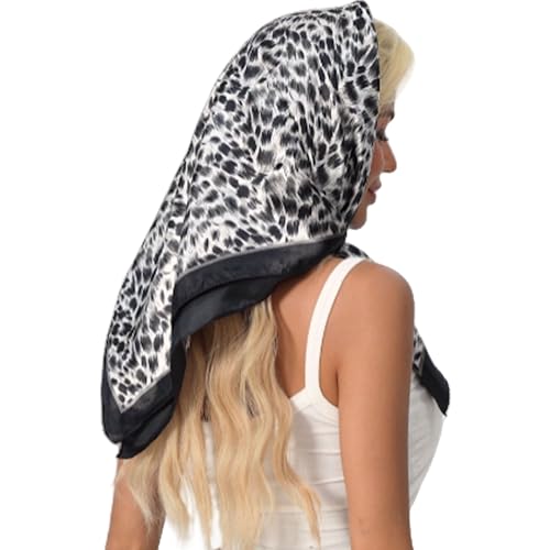 Leopard Print Head Scarf for Women Like Silk Satin Scarf for Hair Wrapping at Night Bandana Square Scarf 35 Inches - color: Blak White Leopard