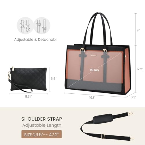 LOVEVOOK Laptop Bag for Women 15.6 inch Canvas Laptop Tote Bag, Large Capacity Work Bags with Clutch Purse, Computer Bags Office Business Briefcase, Casual Handbag for Travel College Teacher - color: Pink & Black, size: 15.6 inch