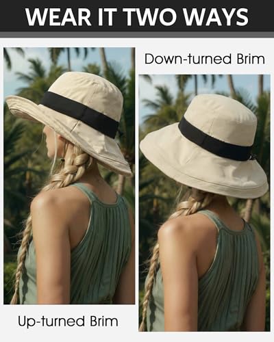 Senker Fashion Sun Hats for Women UV Protection, Waterproof Ponytail Wide Brim Bucket Hat for Summer Beach Gardening Travel - color: Khaki