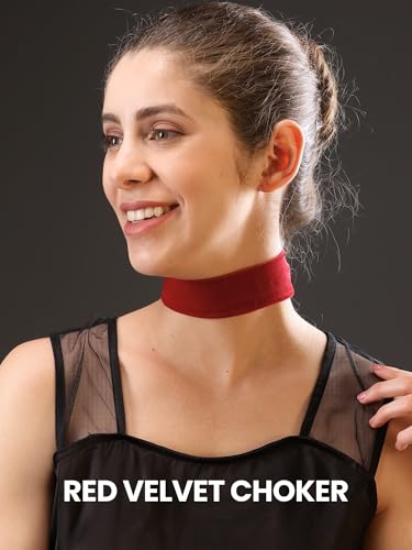 3-Pack Chokers — Velvet (1.5") + Leather (0.6") + Heart Pendant, Adjustable 12–18", Stainless Steel Hardware, 90s/Goth Layering Set — Black | Red | Green | White - color: Red