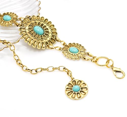 Women's Concho Chain Belt Western Cowgirl Metal Waist Chain Belt for Dress - color: E Turquoise Gold, size: M: 47.2 in