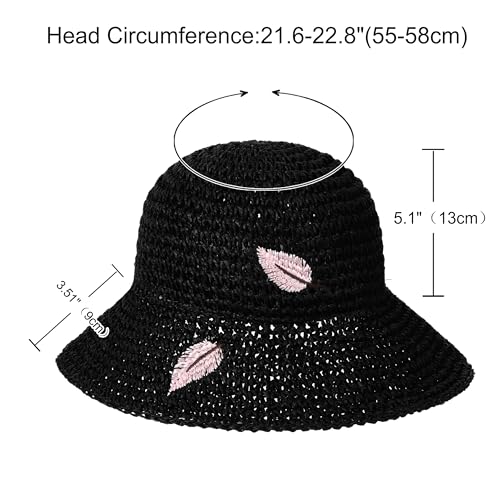 LA CARRIE Womens Sun Hat Floppy Packable Wide Brim UV Protection UPF 50+ Straw Hat with Embroidery for Summer Beach - color: Black