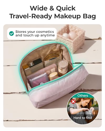 BAGSMART Cute Puffy Makeup Bag, Wide Opening Cosmetic Bag Compact & Spacious, Water-Resistant Travel Organizer Pouches for Women (Baby Blue) - color: 02-Baby Blue