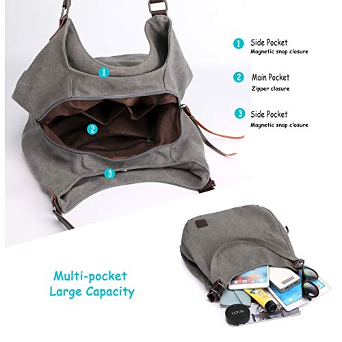 DOURR Women's Multi-pocket Shoulder Bag Fashion Cotton Canvas Handbag Tote Purse - color: Purple Coffee - Large Size