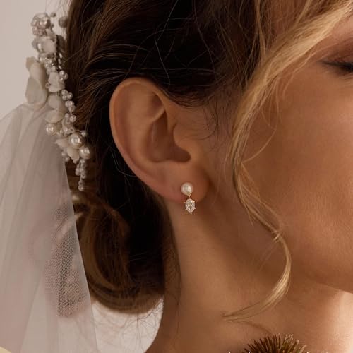 Hayopi Pearl Earrings for Women - Dainty Gold Dangle Drop Earrings, 14k Gold Plated Cute Bow Design, Hypoallergenic Pearl Studs, Wedding Jewelry Gifts - color: GOLD-Inverted Pearl