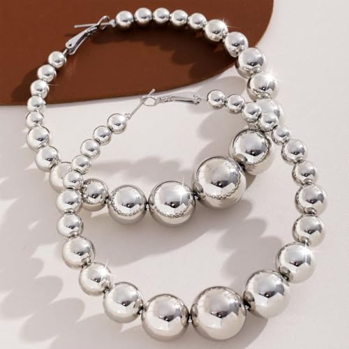 Chunky Gold Beaded Hoop Earrings for Women Vintage Large Circle Balls Beads Dangling Hoops Earring Exaggerated Big Round Ball Jewelry Formal Accessories - color: Silver