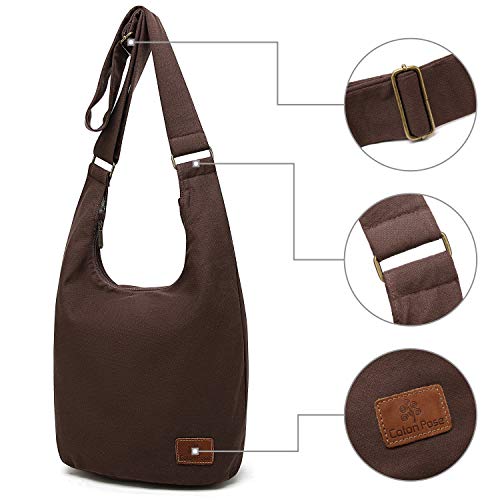 Coton Pose Women Hippie Crossbody Bag - Top Zip Large Capacity Canvas Sling Bag - Jacquard Cloth Handmade - color: Brown