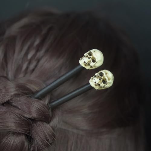 Gothic Skull Hair Sticks, 2 Pack – Halloween Cosplay Bun Holder Hair Chopsticks for Women, Matte-Black Skull Hair Pins for Witch/Vampire Costume, Goth Accessories