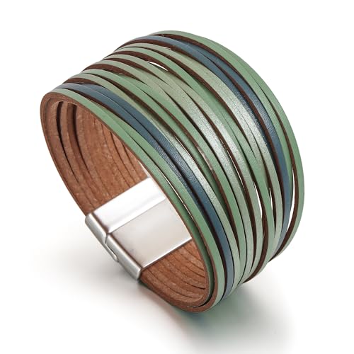 Edoneery Leather Wrap Bracelet for Women, Boho Handmade Multi-Layer Cuff with Crystal Beads Heart, Stackable Bangle Western Jewelry Gift - style: Leather(LakeBlue)