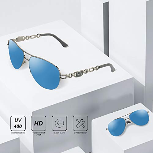 FONHCOO Aviator Sunglasses for Women Men Metal Frame UV400 Mirrored Sunglasses - color: Blue