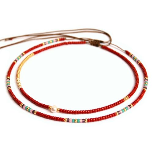 Beaded Choker Necklace for women and Teen Girls, Boho Bohemian Adjustable Colorful Seed Beads Necklace, Handmade Native American Style Jewelry by TRIBES - color: Burgundy Multicolor, style: Set of 2 Necklaces