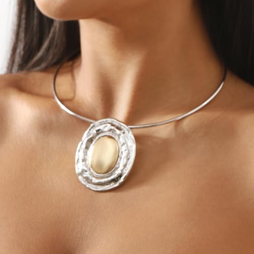 Two Tone Oval Pendant Open Circle Choker for Women Statement Tribal African Jewelry Gold-plated Cool Collar Necklace with Disc Charm Punk Simple Ethnic Necklace